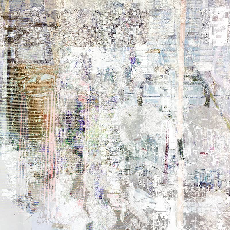Eavesdropping by Ellen Scobie, Photo-based artwork in pale tones of grey, pink and yellow
