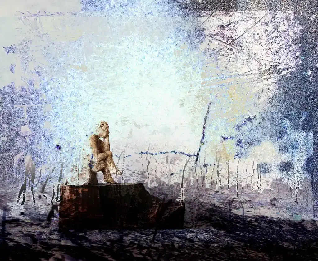 digital painting of a figure sitting lost in thought in a dense digital enivonment